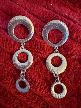 Hammered Circle Drop Earrings - Silver Tone